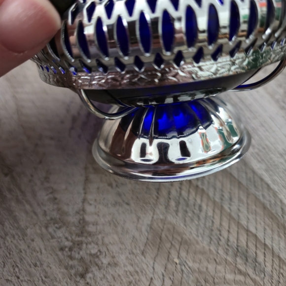 Moyell Classic Cobalt Blue Glass Chrome Creamer Sugar Bowl Filigree England NOS - Picture 7 of 11